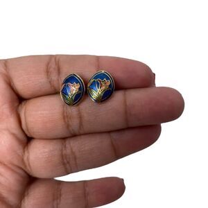 Vintage Cloisonné Floral Earrings‎ - Gold Plated (A14Q)